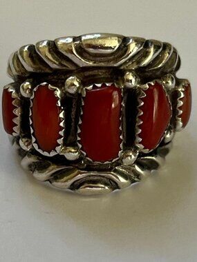 Men's Vintage Sterling Silver Red Coral Navajo Zuni Style Ring Sz 11.5-12